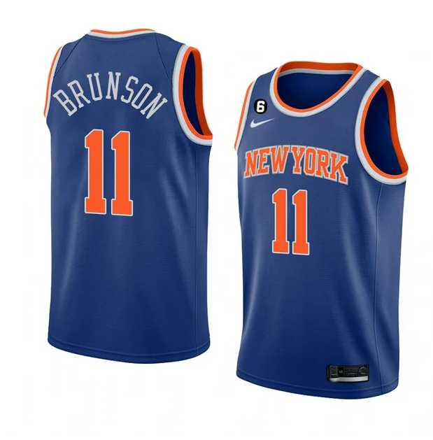 Men%27s New Yok Knicks #11 Jalen Brunson Blue With NO.6 Patch Stitched Basketball Jersey Dzhi